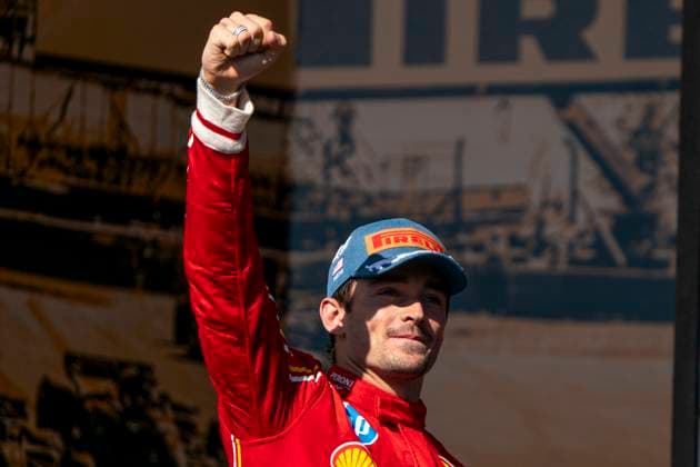 Monaco s Formula One driver Charles Leclerc of Scuderia Ferrari celebrates on the podium after winning the Formula One United States Grand Prix at the Circuit of the Americas in Austin, Texas on Sunday, October 20, 2024.  AUS2024102056 GREGxNASH