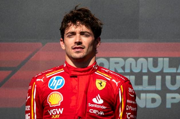 Monaco s Formula One driver Charles Leclerc of Scuderia Ferrari is seen on the podium after winning the Formula One United States Grand Prix at the Circuit of the Americas in Austin, Texas on Sunday, October 20, 2024.  AUS2024102057 GREGxNASH