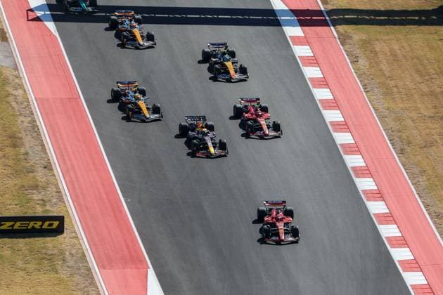 AUSTIN, TX - OCTOBER 20: Scuderia Ferrari driver Charles Leclerc (16) of Monaco pulls away from the pack as the racers enter turn two on the opening lap of the Formula 1 Pirelli United States Grand Prix on October 20, 2024, at Circuit of The Americas in Austin, Texas. (Photo by David Buono Icon Sportswire) AUTO: OCT 20 F1 Pirelli United States Grand Prix EDITORIAL USE ONLY Icon2410200781