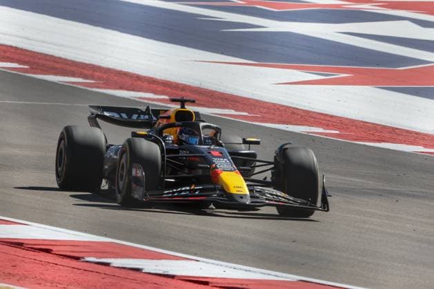 AUSTIN, TX - OCTOBER 20: Oracle Red Bull Racing driver Max Verstappen (1) of the Netherlands rides through turn 18 with the red, white and blue stars and stripes not the track behind him during the Formula 1 Pirelli United States Grand Prix on October 20, 2024, at Circuit of The Americas in Austin, Texas. (Photo by David Buono Icon Sportswire) AUTO: OCT 20 F1 Pirelli United States Grand Prix EDITORIAL USE ONLY Icon2410201171