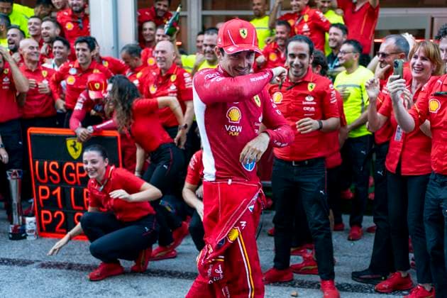 Monaco s Formula One driver Charles Leclerc of Scuderia Ferrari is seen after Scuderia Ferrari take a photo following their 1-2 finish during the Formula One United States Grand Prix at the Circuit of the Americas in Austin, Texas on Sunday, October 20, 2024.  AUS2024102090 GREGxNASH