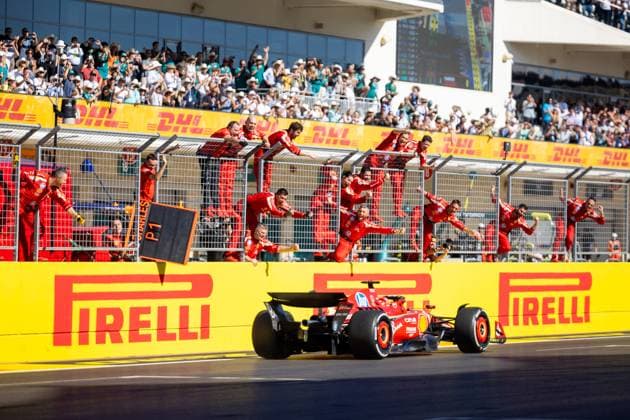 AUSTIN, TX - OCTOBER 20: Team Ferrari celebrates the win by Charles Leclerc (16) of Morocco and team Scuderia Ferrari during the Formula 1 Pirelli United States Grand Prix on October 20, 2024 at the Circuit of The Americas in Austin, TX. (Photo by Bob Kupbens Icon Sportswire)(Photo by Bob Kupbens Icon Sportswire) AUTO: OCT 20 F1 Pirelli United States Grand Prix EDITORIAL USE ONLY Icon2410201901