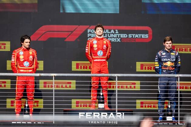 AUSTIN, TX - OCTOBER 20: Charles Leclerc (16) of Morocco and team Scuderia Ferrari, Carlos Sainz (55) of Spain and team Scuderia Ferrari and Max Verstappen (1) of Netherlands and team Oracle Red Bull Racing after the Formula 1 Pirelli United States Grand Prix on October 20, 2024 at the Circuit of The Americas in Austin, TX. (Photo by Bob Kupbens Icon Sportswire)(Photo by Bob Kupbens Icon Sportswire) AUTO: OCT 20 F1 Pirelli United States Grand Prix EDITORIAL USE ONLY Icon2410201951
