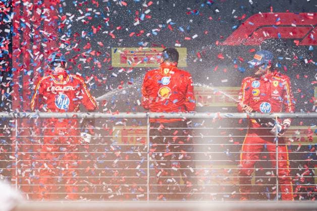 AUSTIN, TX - OCTOBER 20: Charles Leclerc (16) of Morocco and team Scuderia Ferrari and Carlos Sainz (55) of Spain and team Scuderia Ferrari spray champagne after the Formula 1 Pirelli United States Grand Prix on October 20, 2024 at the Circuit of The Americas in Austin, TX. (Photo by Bob Kupbens Icon Sportswire)(Photo by Bob Kupbens Icon Sportswire) AUTO: OCT 20 F1 Pirelli United States Grand Prix EDITORIAL USE ONLY Icon2410202021