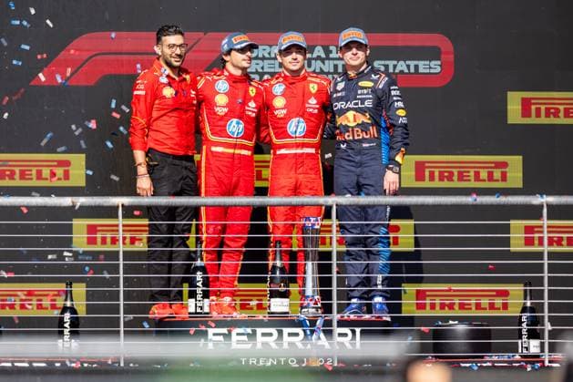 AUSTIN, TX - OCTOBER 20: Charles Leclerc (16) of Morocco and team Scuderia Ferrari, Carlos Sainz (55) of Spain and team Scuderia Ferrari and Max Verstappen (1) of Netherlands and team Oracle Red Bull Racing after the Formula 1 Pirelli United States Grand Prix on October 20, 2024 at the Circuit of The Americas in Austin, TX. (Photo by Bob Kupbens Icon Sportswire)(Photo by Bob Kupbens Icon Sportswire) AUTO: OCT 20 F1 Pirelli United States Grand Prix EDITORIAL USE ONLY Icon2410202051