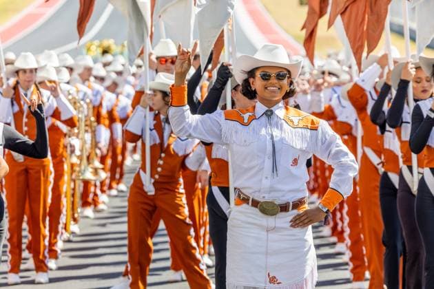 AUSTIN, TX - OCTOBER 20: The Texas Longhorns marching band performs before the Formula 1 Pirelli United States Grand Prix on October 20, 2024 at the Circuit of The Americas in Austin, TX. (Photo by Bob Kupbens Icon Sportswire)(Photo by Bob Kupbens Icon Sportswire) AUTO: OCT 20 F1 Pirelli United States Grand Prix EDITORIAL USE ONLY Icon2410202101