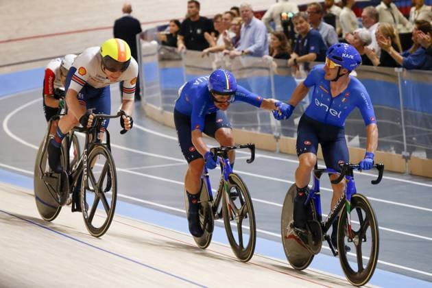 CICLISMO - Ciclismo su Pista - Tissot 2024 Track World Championships Tissot Track cycling, Rad, Radsport, Bahnrad, Bahn World Championship, WM, Weltmeisterschaft - Ballerup, Copenaghen, Den- 20 - 10-2024 - Men s Madison - Simone Consonni - Elia Viviani during Tissot 2024 Track World Championships, Track cycling race in Copenhagen, Denmark, October 20 2024 Copenhagen Denmark Copyright: xIPAxSport ABACAx