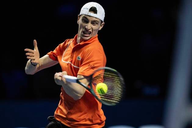 21st October 2024; St. Jakobshalle, Basel, Switzerland; ATP, Tennis Herren 500 Swiss Indoors Basel Tennis, Day 1; Ugo Humbert (FRA) in action against Jerome Kym (SUI) in the first round  ActionPlus12705885 DavidxEmm