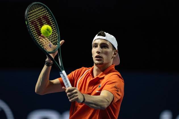 21st October 2024; St. Jakobshalle, Basel, Switzerland; ATP, Tennis Herren 500 Swiss Indoors Basel Tennis, Day 1; Ugo Humbert (FRA) in action against Jerome Kym (SUI) in the first round  ActionPlus12705891 DavidxEmm