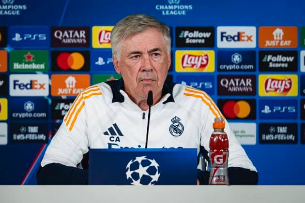 Champions League 2024 25 League Phase MD3: Real Madrid Training Session and press conference, PK, Pressekonferenz Carlo Ancelotti, head coach of Real Madrid CF, seen speaking during Real Madrid Training Session and Press Conference ahead of the Champions League 2024 25 League Phase MD3 football match against Borussia Dortmund at Ciudad Real Madrid on October 21, 2024 in Valdebebas, Spain. Valdebebas Ciudad Real Madrid Madrid Spain Copyright: xAlbertoxGardinx AGardin_20241021_Football_Champions_Real_Madrid_PC_023