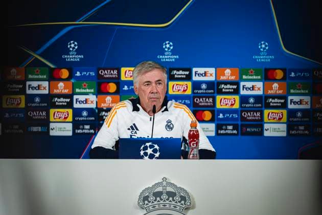 Champions League 2024 25 League Phase MD3: Real Madrid Training Session and press conference, PK, Pressekonferenz Carlo Ancelotti, head coach of Real Madrid CF, seen speaking during Real Madrid Training Session and Press Conference ahead of the Champions League 2024 25 League Phase MD3 football match against Borussia Dortmund at Ciudad Real Madrid on October 21, 2024 in Valdebebas, Spain. Valdebebas Ciudad Real Madrid Madrid Spain Copyright: xAlbertoxGardinx AGardin_20241021_Football_Champions_Real_Madrid_PC_022