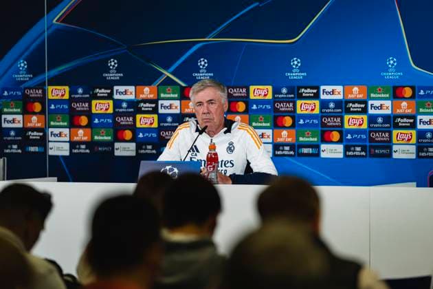 Champions League 2024 25 League Phase MD3: Real Madrid Training Session and press conference, PK, Pressekonferenz Carlo Ancelotti, head coach of Real Madrid CF, seen speaking during Real Madrid Training Session and Press Conference ahead of the Champions League 2024 25 League Phase MD3 football match against Borussia Dortmund at Ciudad Real Madrid on October 21, 2024 in Valdebebas, Spain. Valdebebas Ciudad Real Madrid Madrid Spain Copyright: xAlbertoxGardinx AGardin_20241021_Football_Champions_Real_Madrid_PC_024