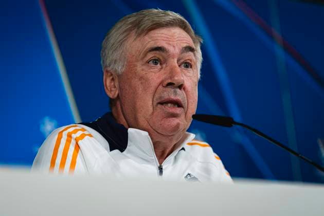 Champions League 2024 25 League Phase MD3: Real Madrid Training Session and press conference, PK, Pressekonferenz Carlo Ancelotti, head coach of Real Madrid CF, seen speaking during Real Madrid Training Session and Press Conference ahead of the Champions League 2024 25 League Phase MD3 football match against Borussia Dortmund at Ciudad Real Madrid on October 21, 2024 in Valdebebas, Spain. Valdebebas Ciudad Real Madrid Madrid Spain Copyright: xAlbertoxGardinx AGardin_20241021_Football_Champions_Real_Madrid_PC_041