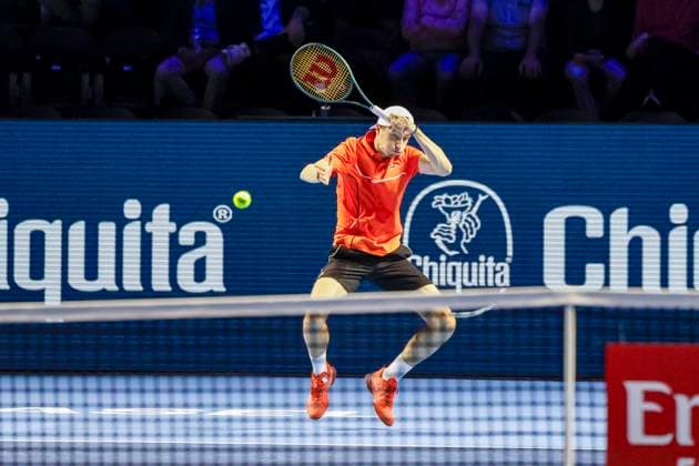 Ugo Humbert FRA , Tennis, Swiss Indoors ATP World Tour 500 , 1 16 Finals Singles, 2024, Ugo Humbert FRA vs Jerome Kym SUI , 21 10 2024, St Jakobshalle, Basel, Switzerland Basel St Jakobshalle BS Switzerland Copyright: xGrantxHubbsx