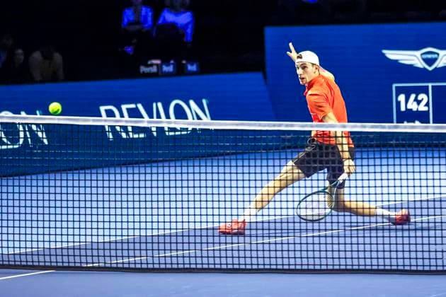 Ugo Humbert FRA , Tennis, Swiss Indoors ATP World Tour 500 , 1 16 Finals Singles, 2024, Ugo Humbert FRA vs Jerome Kym SUI , 21 10 2024, St Jakobshalle, Basel, Switzerland Basel St Jakobshalle BS Switzerland Copyright: xGrantxHubbsx