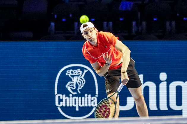 Ugo Humbert FRA , Tennis, Swiss Indoors ATP World Tour 500 , 1 16 Finals Singles, 2024, Ugo Humbert FRA vs Jerome Kym SUI , 21 10 2024, St Jakobshalle, Basel, Switzerland Basel St Jakobshalle BS Switzerland Copyright: xGrantxHubbsx