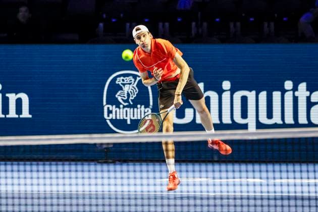 Ugo Humbert FRA , Tennis, Swiss Indoors ATP World Tour 500 , 1 16 Finals Singles, 2024, Ugo Humbert FRA vs Jerome Kym SUI , 21 10 2024, St Jakobshalle, Basel, Switzerland Basel St Jakobshalle BS Switzerland Copyright: xGrantxHubbsx