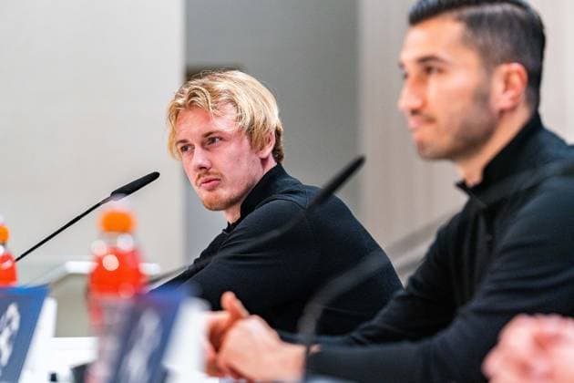 21 10 2024, Press conference before Real Madrid vs Borussia Dortmund, UEFA Champions League, Matchday 3 Nuri Sahin and Julian Brandt at the Borussia Dortmund press conference Copyright: xBahhoxKarax