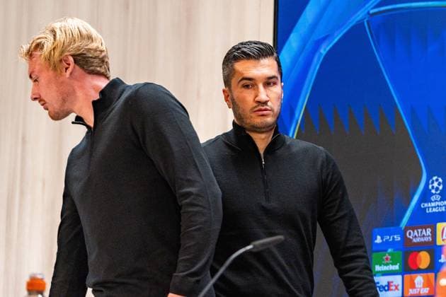 21 10 2024, Press conference before Real Madrid vs Borussia Dortmund, UEFA Champions League, Matchday 3 Nuri Sahin and Julian Brandt at the Borussia Dortmund press conference Copyright: xBahhoxKarax