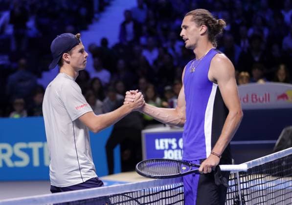 TENNIS - ATP, Tennis Herren Erste Bank Open VIENNA,AUSTRIA,21.OCT.24 - TENNIS - ATP World Tour, Erste Bank Open. Image shows Joel Schwaerzler (AUT) and Alexander Zverev (GER).  GEPAxpictures xWalterxLuger
