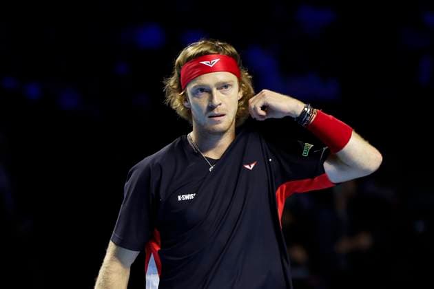 Andrey Rublev , Tennis, Swiss Indoors ATP World Tour 500 , 1 16 Finals Singles, 2024, Andrey Rublev vs Nuno Borges POR , 21 10 2024, St Jakobshalle, Basel, Switzerland Basel St Jakobshalle BS Switzerland Copyright: xGrantxHubbsx