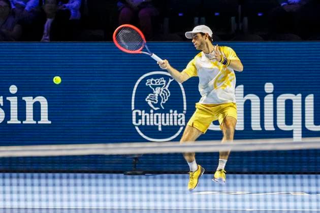 Nuno Borges POR , Tennis, Swiss Indoors ATP World Tour 500 , 1 16 Finals Singles, 2024, Andrey Rublev vs Nuno Borges POR , 21 10 2024, St Jakobshalle, Basel, Switzerland Basel St Jakobshalle BS Switzerland Copyright: xGrantxHubbsx