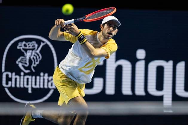 21st October 2024; St. Jakobshalle, Basel, Switzerland; ATP, Tennis Herren 500 Swiss Indoors Basel Tennis, Day 1; Nuno Borges (POR) in action against Andrey Rublev (RUS) in the first round  ActionPlus12705999 DavidxEmm