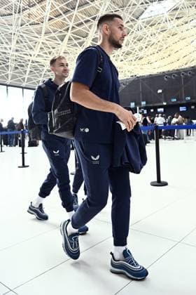 GNK Dinamo Zagreb travels to Salzburg Marko Rog and Marko Pjaca of Dinamo Zagreb arrive at Franjo Tudjman International Airport before departing for Salzburg, in Zagreb, Croatia, on October 22, 2024. GNK Dinamo Zagreb will play agianst FC Salzburg in UEFA Champions League.  MarkoxLukunic PIXSELL