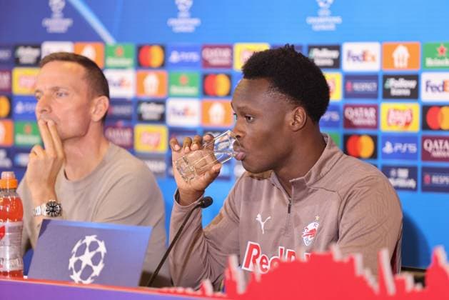 SOCCER - UEFA CL, RBS vs Zagreb SALZBURG,AUSTRIA,22.OCT.24 - SOCCER - UEFA Champions League, Red Bull Salzburg vs GNK Dinamo Zagreb, preview, press conference, PK, Pressekonferenz RBS. Image shows Samson Baidoo (RBS).  GEPAxpictures xMathiasxMandl