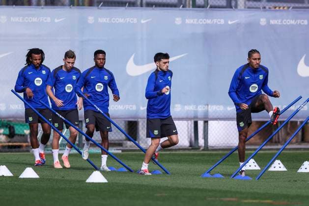 October 22, 2024, Sant Joan Despi, Barcelona, SPAIN: Pedro Gonzalez Pedrio¢, Raphinha Dias Belloli, Ansu Fati, Fermin Lopez and Jules Kounde during the training day of FC Barcelona, Barca ahead UEFA Champions League, football match against Bayern Munich at Ciudad Esportiva Joan Gamper on October 22, 2024 in Sant Joan Despi, Barcelona, Spain. Sant Joan Despi SPAIN - ZUMAa181 20241022_zaa_a181_012 Copyright: xJavierxBorregox