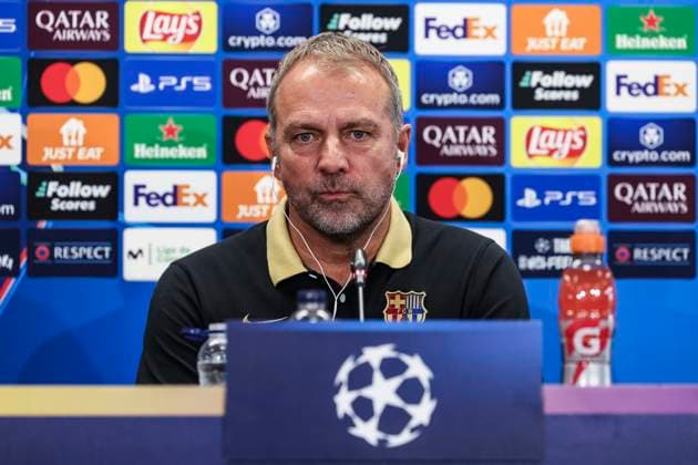 October 22, 2024, Sant Joan Despi, Barcelona, SPAIN: Hansi Flick, head coach of FC Barcelona, Barca attends his press conference, PK, Pressekonferenz during the training day of FC Barcelona ahead the UEFA Champions League, football match against Bayern Munich at Ciudad Esportiva Joan Gamper on October 22, 2024 in Sant Joan Despi, Barcelona, Spain. Sant Joan Despi SPAIN - ZUMAa181 20241022_zaa_a181_045 Copyright: xJavierxBorregox