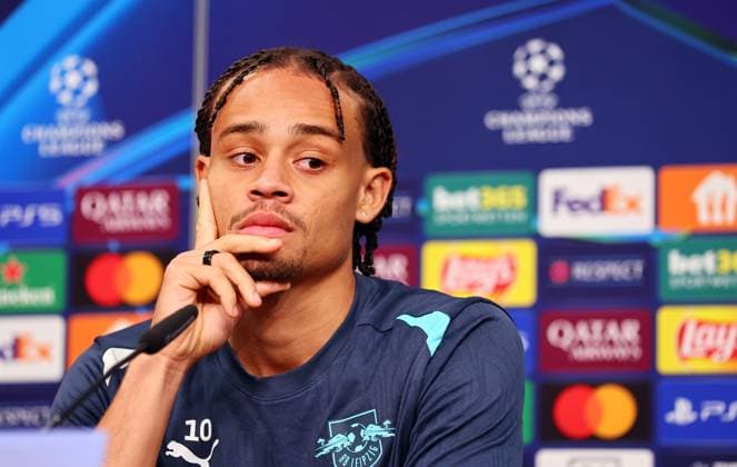RB Leipzig Press Conference Champions League Leipzig, 22 10 2024, RB Academy, Football, UEFA Champions League, Matchday 1, RB LEIPZIG vs FC LIVERPOOL on 23 10 2024 , Press Conference RB Leipzig , In the picture Xavi Simons 10, RB Leipzig Player , Picture Point