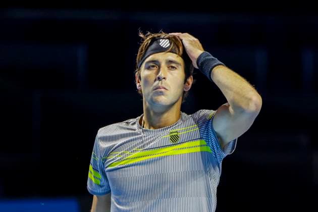 Tomas Martin Etcheverry ARG , Tennis, Swiss Indoors ATP World Tour 500 , 1 16 Finals Singles, 2024, Tomas Martin Etcheverry ARG vs Ben Shelton USA , 22 10 2024, St Jakobshalle, Basel, Switzerland Basel St Jakobshalle BS Switzerland Copyright: xGrantxHubbsx