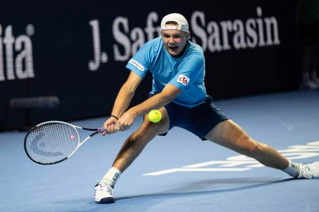 22nd October 2024; St. Jakobshalle, Basel, Switzerland; ATP, Tennis Herren 500 Swiss Indoors Basel Tennis, Day 2; Dominic Stricker (SUI) in action against Tallon Griekspoor (NED) in the first round  ActionPlus12706047 DavidxEmm