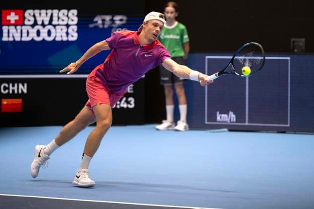 22nd October 2024; St. Jakobshalle, Basel, Switzerland; ATP, Tennis Herren 500 Swiss Indoors Basel Tennis, Day 2; Denis Shapovalov (CAN) in action against Juncheng Shang (CHN) in the first round  ActionPlus12706055 DavidxEmm