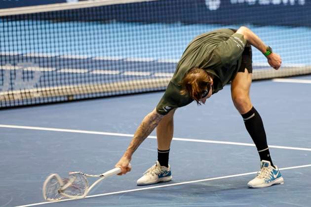 Alexander Bublik KAZ smashes his racket , Tennis, Swiss Indoors ATP World Tour 500 , 1 16 Finals Singles, 2024, Botic v de Zandschulp NED vs Alexander Bublik KAZ , 22 10 2024, St Jakobshalle, Basel, Switzerland Basel St Jakobshalle BS Switzerland Copyright: xGrantxHubbsx