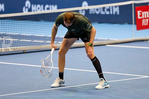Alexander Bublik KAZ smashes his racket , Tennis, Swiss Indoors ATP World Tour 500 , 1 16 Finals Singles, 2024, Botic v de Zandschulp NED vs Alexander Bublik KAZ , 22 10 2024, St Jakobshalle, Basel, Switzerland Basel St Jakobshalle BS Switzerland Copyright: xGrantxHubbsx