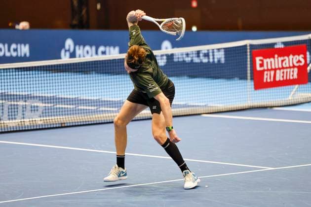 Alexander Bublik KAZ smashes his racket , Tennis, Swiss Indoors ATP World Tour 500 , 1 16 Finals Singles, 2024, Botic v de Zandschulp NED vs Alexander Bublik KAZ , 22 10 2024, St Jakobshalle, Basel, Switzerland Basel St Jakobshalle BS Switzerland Copyright: xGrantxHubbsx