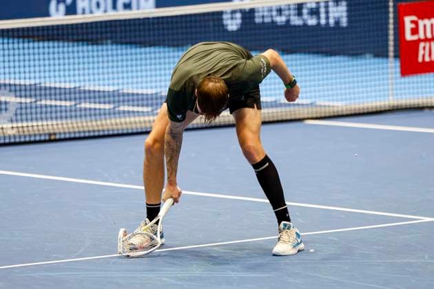 Alexander Bublik KAZ smashes his racket , Tennis, Swiss Indoors ATP World Tour 500 , 1 16 Finals Singles, 2024, Botic v de Zandschulp NED vs Alexander Bublik KAZ , 22 10 2024, St Jakobshalle, Basel, Switzerland Basel St Jakobshalle BS Switzerland Copyright: xGrantxHubbsx