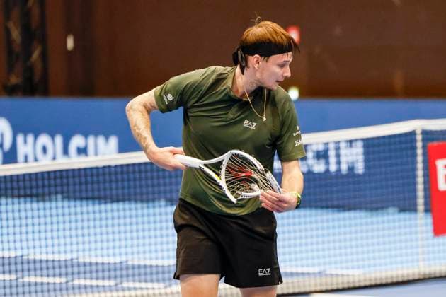Alexander Bublik KAZ smashes his racket , Tennis, Swiss Indoors ATP World Tour 500 , 1 16 Finals Singles, 2024, Botic v de Zandschulp NED vs Alexander Bublik KAZ , 22 10 2024, St Jakobshalle, Basel, Switzerland Basel St Jakobshalle BS Switzerland Copyright: xGrantxHubbsx