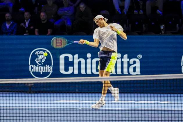 Nicolas Jarry CHI , Tennis, Swiss Indoors ATP World Tour 500 , 1 16 Finals Singles, 2024, Nicolas Jarry CHI vs Holger Rune DEN , 22 10 2024, St Jakobshalle, Basel, Switzerland Basel St Jakobshalle BS Switzerland Copyright: xGrantxHubbsx