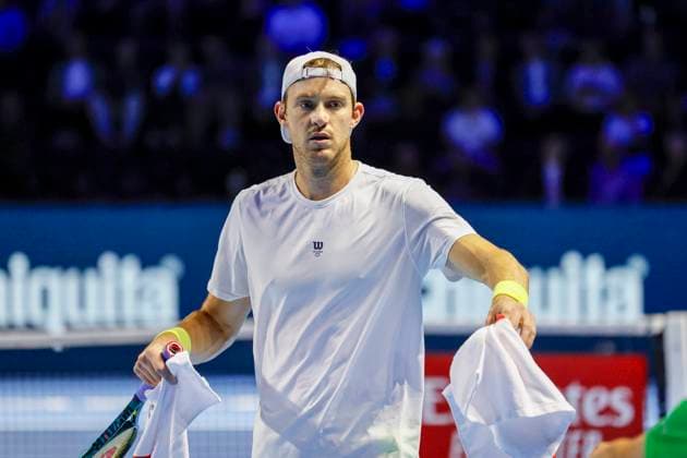 Nicolas Jarry CHI , Tennis, Swiss Indoors ATP World Tour 500 , 1 16 Finals Singles, 2024, Nicolas Jarry CHI vs Holger Rune DEN , 22 10 2024, St Jakobshalle, Basel, Switzerland Basel St Jakobshalle BS Switzerland Copyright: xGrantxHubbsx