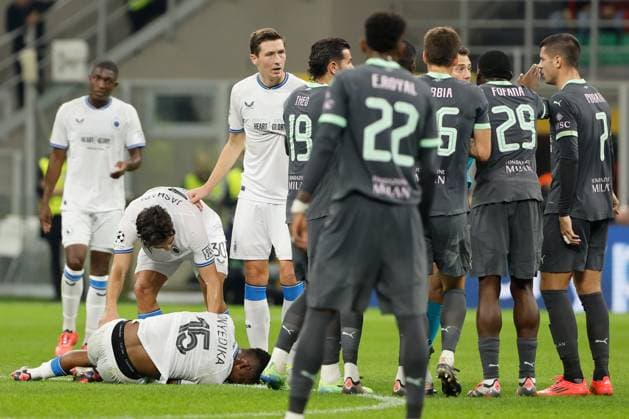 AC Milan v Club Brugge - UEFA Champions League MILAN, ITALY - OCTOBER 22 : Onyedika Raphael midfielder of Club Brugge suffers on the ground during matchday 3 of the UEFA Champions League, a league phase match between AC Milan and Club Brugge at the San Siro stadium on October 22, 2024 in Milan, Italy, 22 10 2024 Milan Italy  Copyright: xJanxDexMeuleneirx