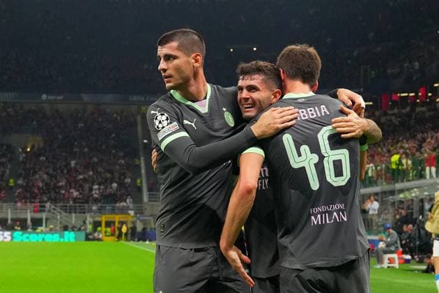 AC Milan s Christian Pulisic celebrates after scoring 1 0 during the Uefa Champions League soccer match between Ac Milan and Club Brugge a at the San Siro Stadium in Milan, north Italy -Tuesday , October 22 , 2024. - Soccer .  Copyright: xSpada LaPressex