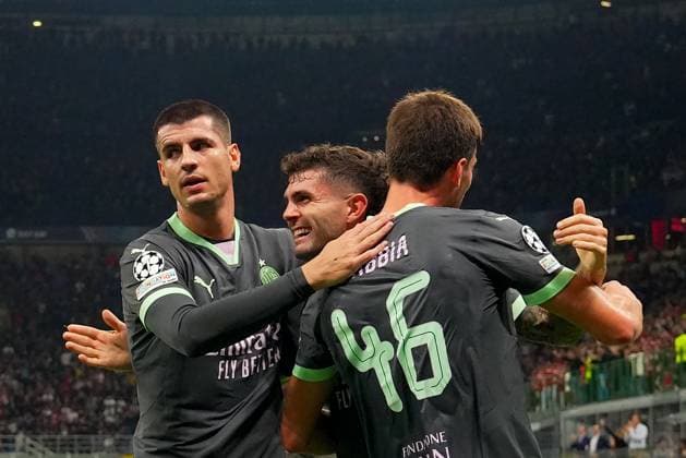 AC Milan s Christian Pulisic celebrates after scoring 1 0 during the Uefa Champions League soccer match between Ac Milan and Club Brugge a at the San Siro Stadium in Milan, north Italy -Tuesday , October 22 , 2024. - Soccer .  Copyright: xSpada LaPressex