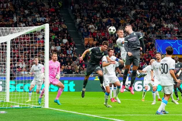 AC Milan s Christian Pulisic scores the goal 1 0 during the Uefa Champions League soccer match between Ac Milan and Club Brugge a at the San Siro Stadium in Milan, north Italy -Tuesday , October 22 , 2024. - Soccer .  Copyright: xSpada LaPressex