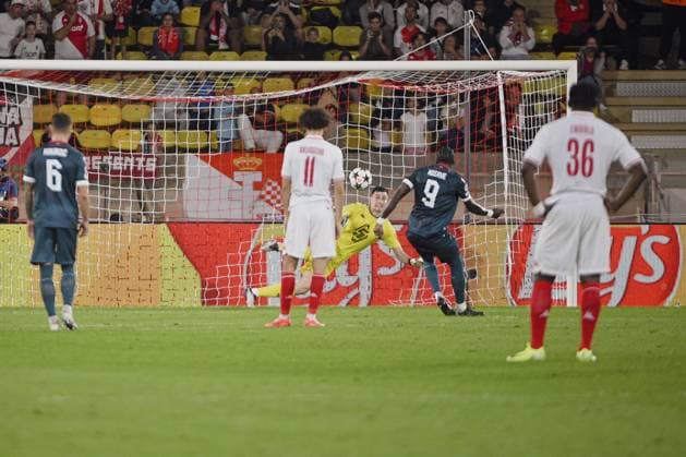 Forward ENDIAJE Serif (Red Star Belgrade - Crvena zvezda) mark a penalty. AS Monaco vs Red Star Belgrade - Crvena Zvezda - UEFA Champions League in Stade Louis II, MONACO, on October 22, 2024. FOOTBALL: C1 - AS Monaco vs Red Star Belgrade - Crvena zvezda - UEFA Champions League - 10 22 24 FredDides Panoramic 