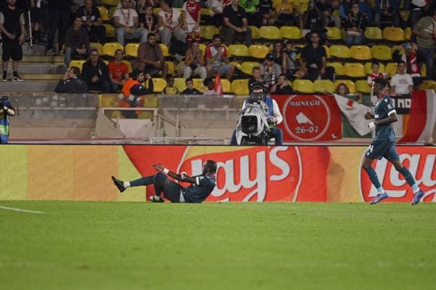 Joy of Forward ENDIAJE Serif (Red Star Belgrade - Crvena zvezda) after mark a goal. AS Monaco vs Red Star Belgrade - Crvena Zvezda - UEFA Champions League in Stade Louis II, MONACO, on October 22, 2024. FOOTBALL: C1 - AS Monaco vs Red Star Belgrade - Crvena zvezda - UEFA Champions League - 10 22 24 FredDides Panoramic 