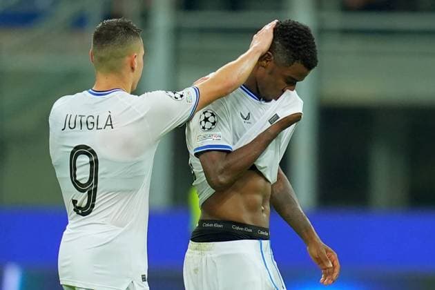 Brugge s Raphael Onyedika red card during the Uefa Champions League soccer match between Ac Milan and Club Brugge a at the San Siro Stadium in Milan, north Italy -Tuesday , October 22 , 2024. - Soccer .  Copyright: xSpada LaPressex