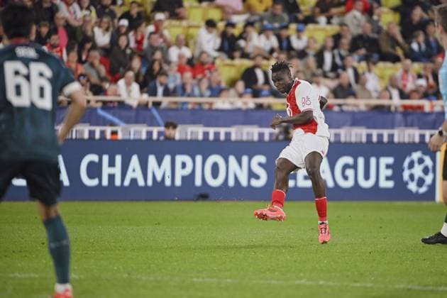 Fußball, CL, AS Monaco - Roter Stern Belgrad Defender SINGO Wilfried (AS Monaco) mark a goal. AS Monaco vs Red Star Belgrade - Crvena Zvezda - UEFA Champions League in Stade Louis II, MONACO, on October 22, 2024. FOOTBALL: C1 - AS Monaco vs Red Star Belgrade - Crvena zvezda - UEFA Champions League - 10 22 24 FredDides Panoramic 